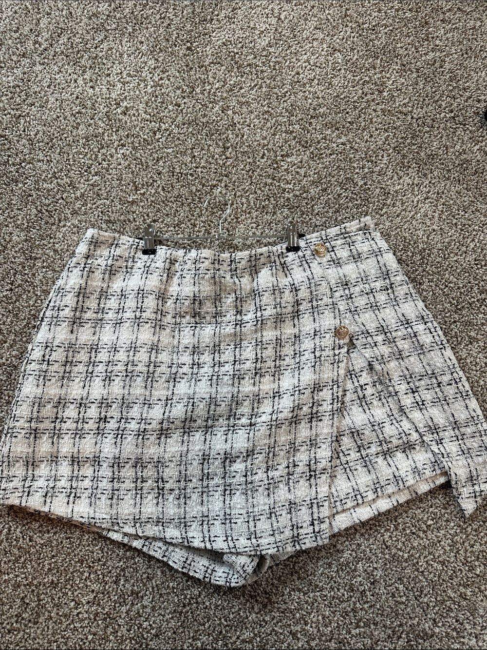 Tweed Plaid Skort with Decorative Buttons - Cream & Black